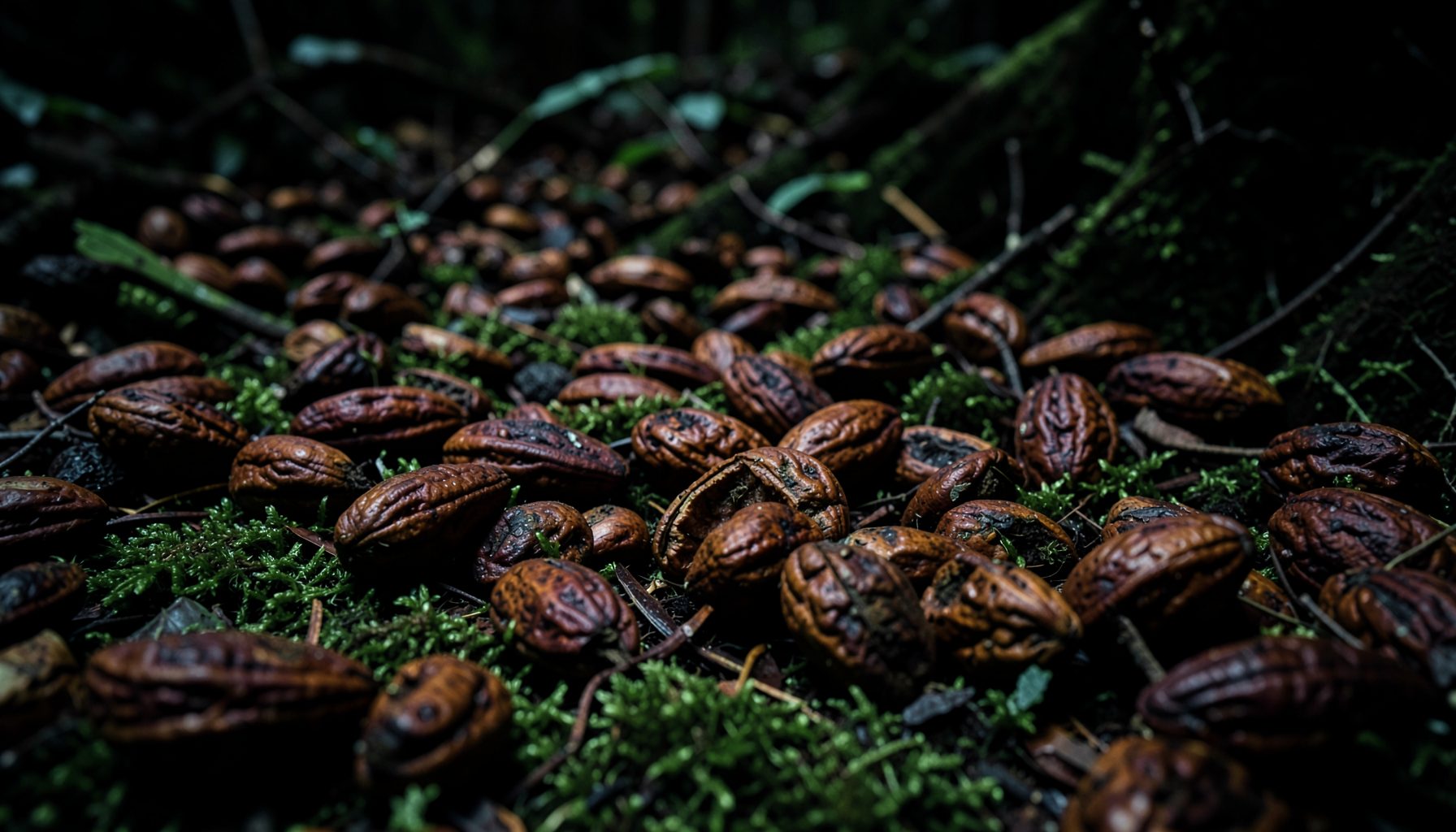 Dark forest floor scattered with rich brown cacao pods and deep green moss, moody and atmospheric