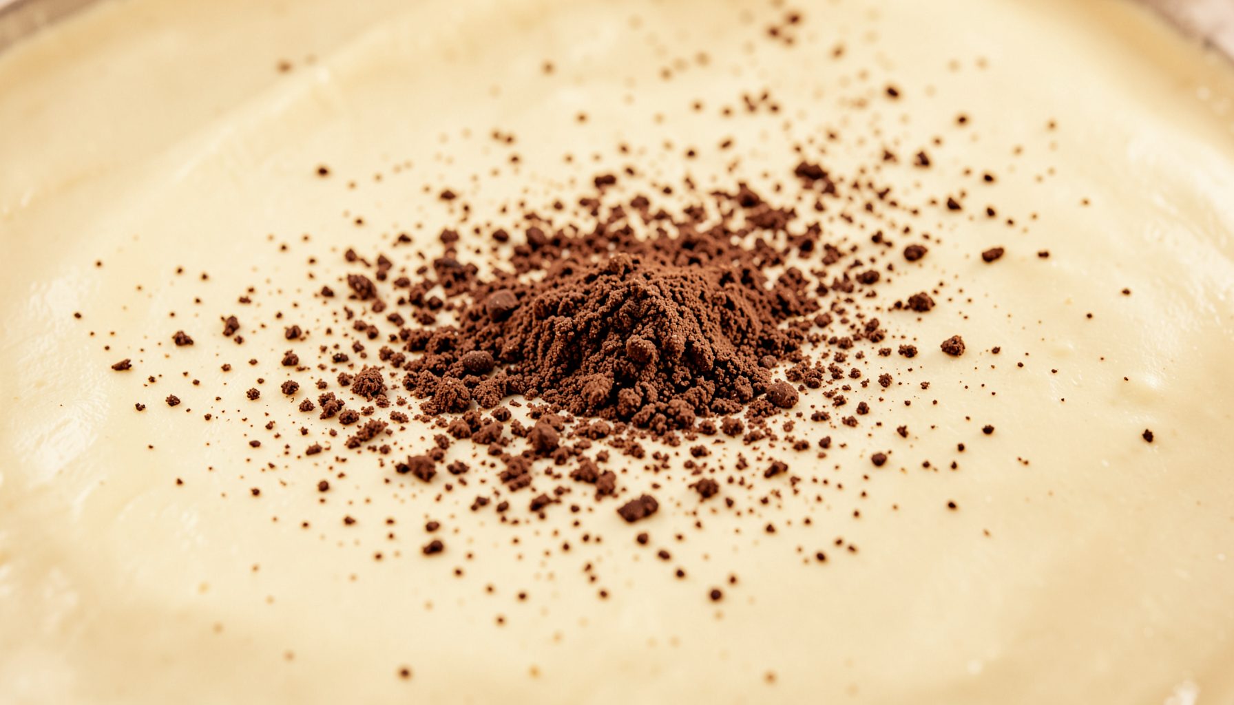 Warm cream-colored surface with scattered cocoa powder and a soft natural light, rustic and inviting